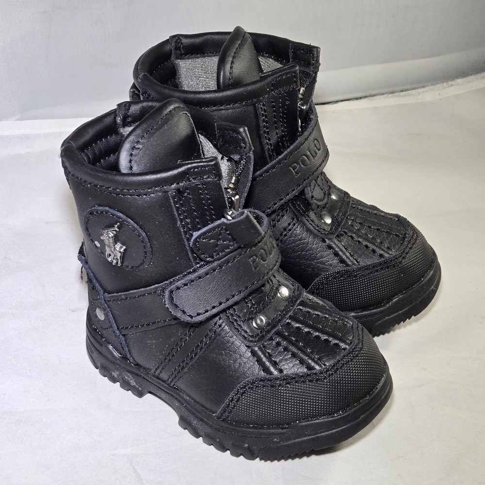 Polo Ralph Lauren Conquered Hi Boot Youth Size 4‎ Black Leather Zip Up